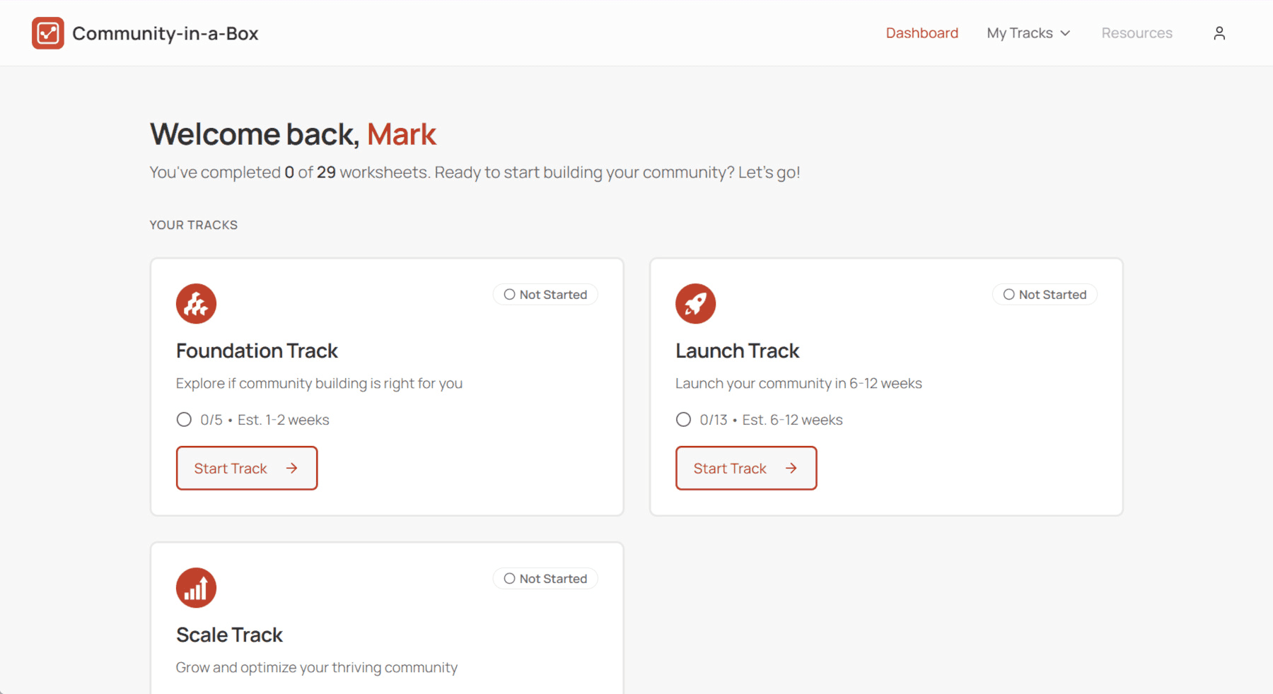 Community-in-a-Box Dashboard showing track progress